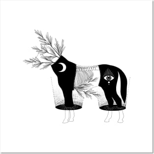 Spiritual Horse Graphic Black and white tattoo style illustration Posters and Art